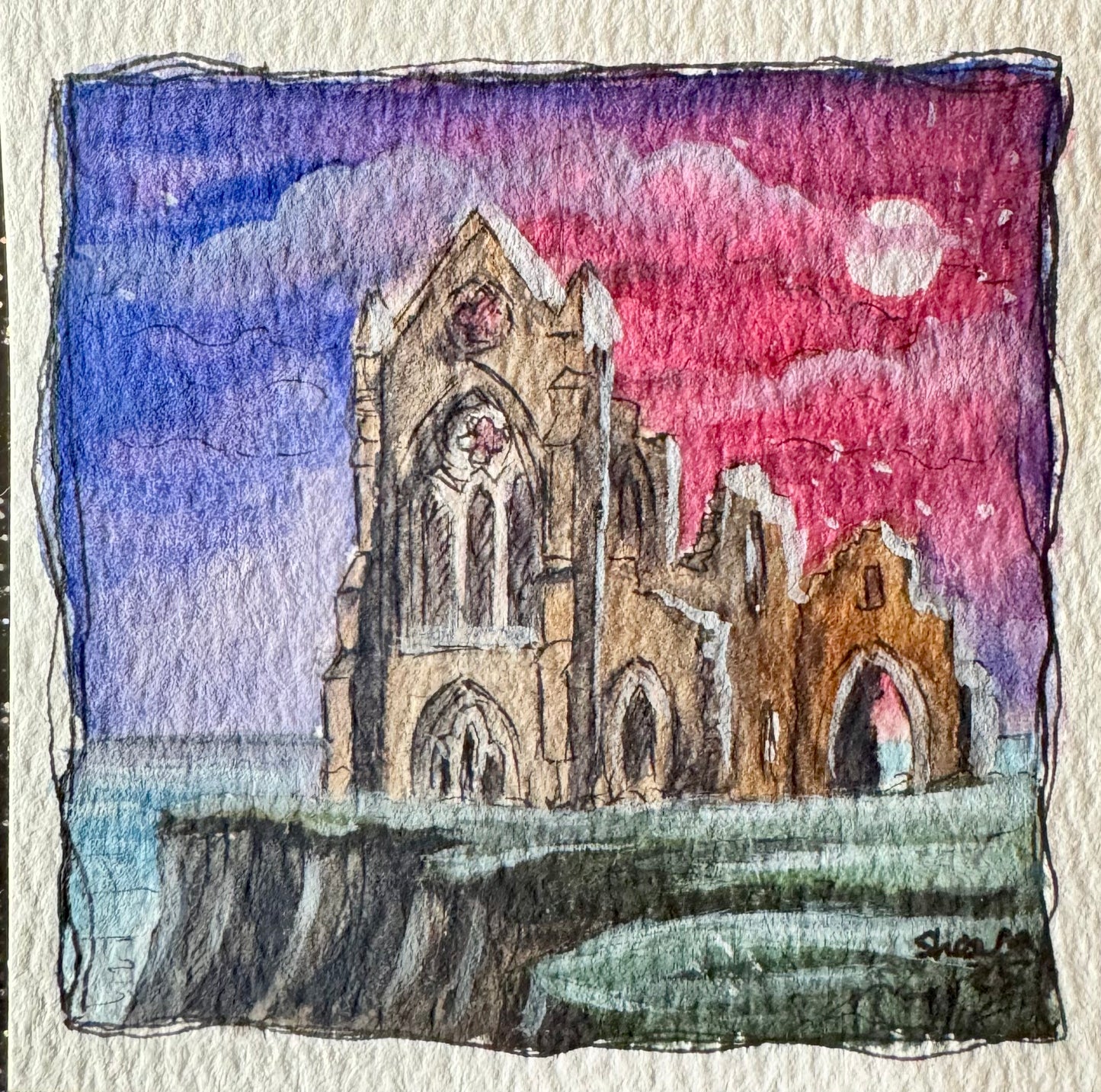 Hand-Painted Mini Masterpiece Originals by Sheena - Dramatic Abbey on Cliff