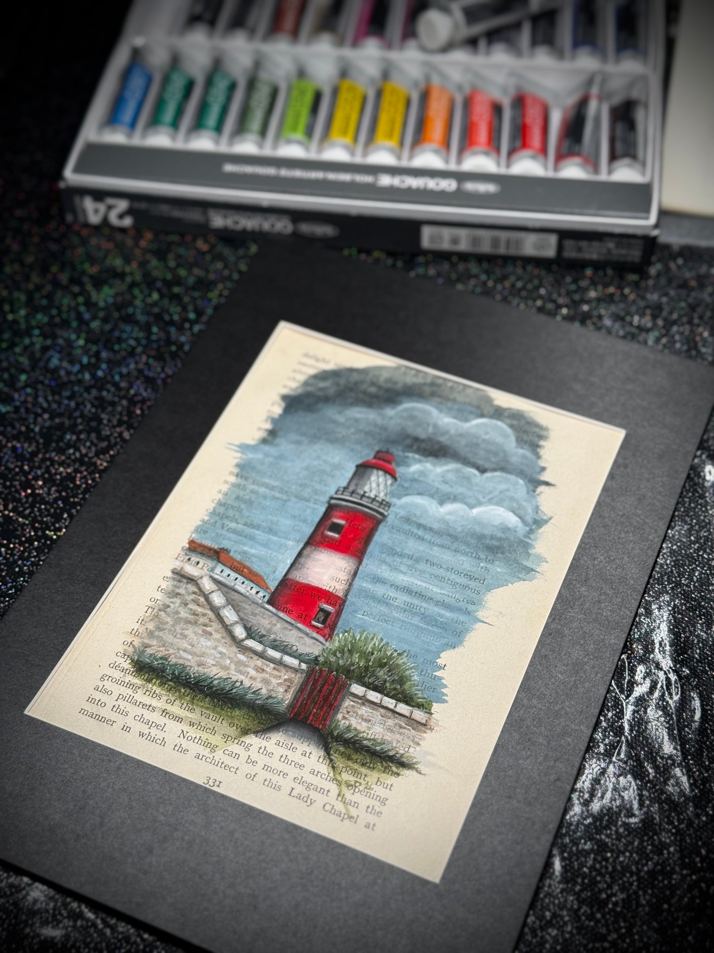 Vintage Page Lighthouse – Signed Gouache Painting (Mount Board Framed)