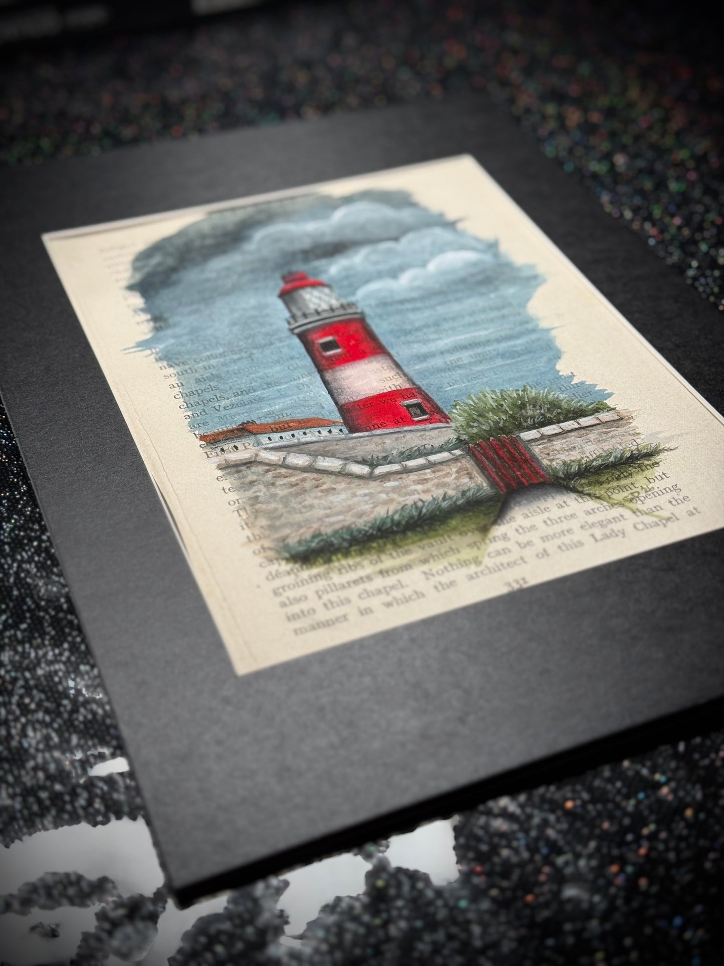 Vintage Page Lighthouse – Signed Gouache Painting (Mount Board Framed)