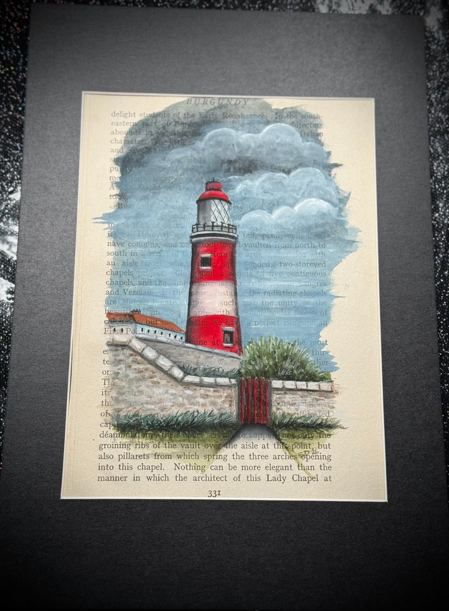 Vintage Page Lighthouse – Signed Gouache Painting (Mount Board Framed)
